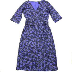 J Peterman A Line Midi Dress Purple Black Floral Shirred Waist Size 8